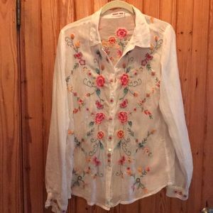Johnny Was blouse w/ pink rose appliqué
